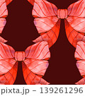 Hand drawn watercolor seamless pattern of festive red bows. This vibrant holiday design features repeating rows of elegant crimson ribbons with delicate shading and textured details. It is perfect for 139261296