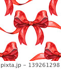 Hand drawn watercolor seamless pattern of festive red bows. This vibrant holiday design features repeating rows of elegant crimson ribbons with delicate shading and textured details. It is perfect for 139261298