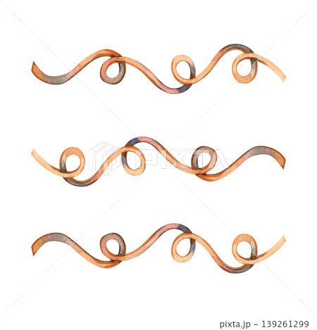 Set of artistic watercolor curly ribbons in warm brown and copper tones. Hand drawn wavy decorative elements with elegant loops, perfect for vintage designs, invitations, and festive ornaments. 139261299