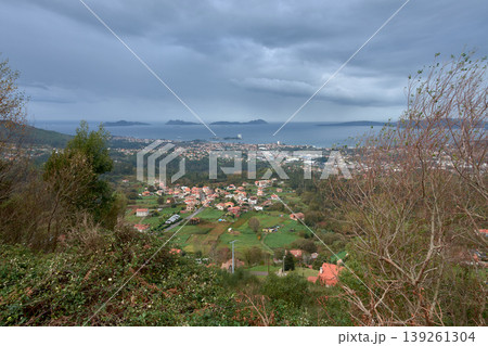 Elevated perspective of Ria de Vigo showcasing its mouth and iconic islands 139261304