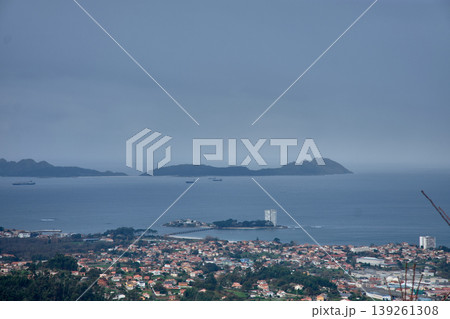Elevated perspective of Ria de Vigo showcasing its mouth and iconic islands Elevated perspective of Ria de Vigo showcasing its mouth and iconic islands 139261308