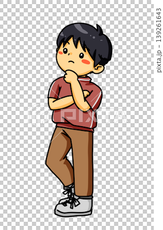 A young elementary school boy is looking upwards, his hand on his chin, deep in thought. A young elementary school boy is looking upwards, his hand on his chin, deep in thought. 139261643