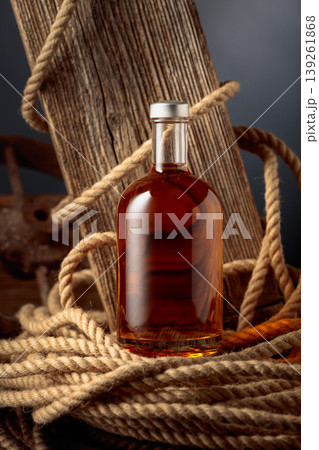 Bottle of strong alcoholic beverage against the backdrop of an old weathered board and hemp rope. Bottle of strong alcoholic beverage against the backdrop of an old weathered board and hemp rope. 139261868