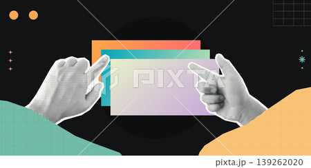 Trendy Halftone Collage of two halftone hands holding stacked colorful gradient cards, symbolizing content creation and digital media production, ideal for creative and marketing content. 139262020