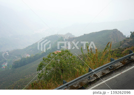 Scenic view of a winding mountain road descending into a misty green valley at Kurseong 139262096