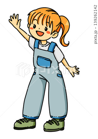 片手を上げて挨拶するポニーテールの女の子 139262142