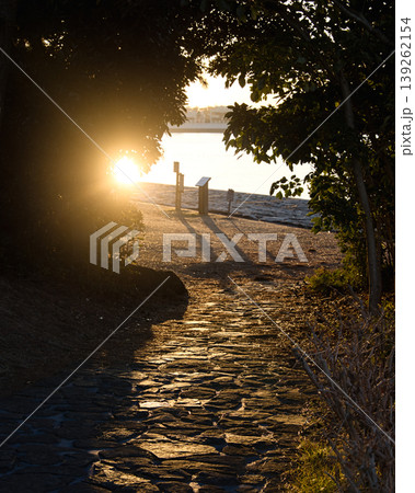 葛西臨海公園の日の出　石畳の道と輝く朝日の風景 139262154
