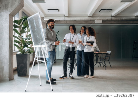 Explaining the problem with a project. Four office workers are together, employees at work Explaining the problem with a project. Four office workers are together, employees at work 139262387