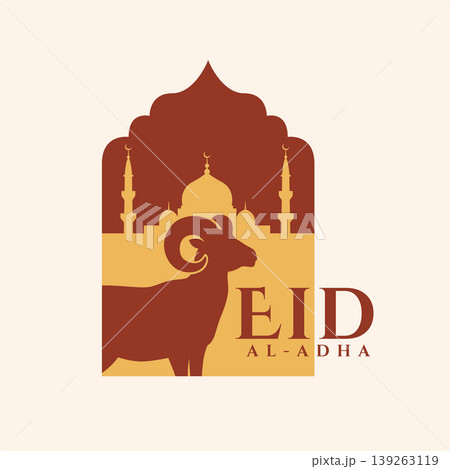 eid al adha greeting card with ram silhouette and mosque background 139263119
