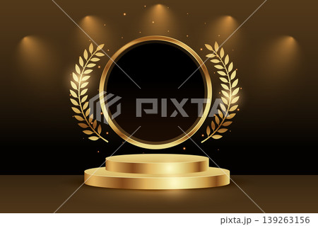 empty two tier golden podium platform with laurel frame and spotlights 139263156
