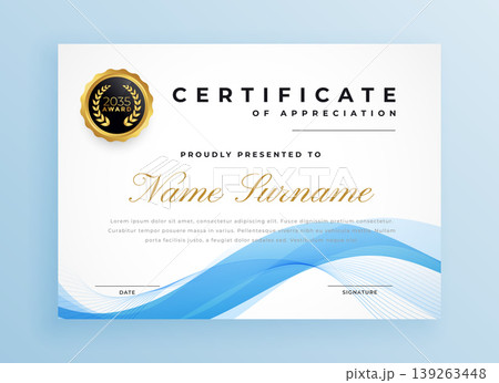 wavy style blue white diploma certificate template 139263448
