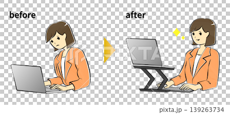 ノートパソコンスタンドを使用して姿勢を改善するビジネスウーマンの比較イラスト 139263734