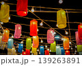 Celestial Canopy: A mesmerizing display of vibrant paper lanterns, illuminated by twinkling bulbs, casts a warm, inviting glow against a deep twilight.  139263891