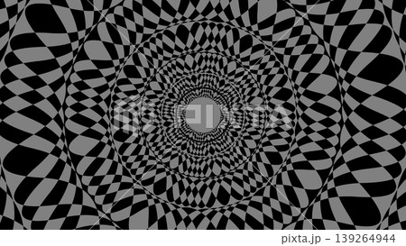 Monochrome op art illustration with concentric distorted circles. Black and gray geometric pattern creating a mesmerizing tunnel effect. Abstract digital art background. Monochrome op art illustration with concentric distorted circles. Black and gray geometric pattern creating a mesmerizing tunnel effect. Abstract digital art background. 139264944