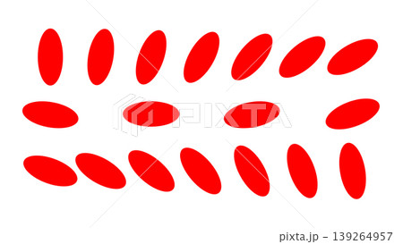 Red oval shapes arranged in a rhythmic pattern on a white background. Creative geometric design with varying tilted angles. Red oval shapes arranged in a rhythmic pattern on a white background. Creative geometric design with varying tilted angles. 139264957
