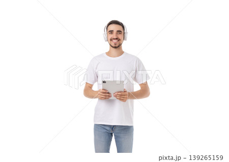 Happy person with tablet and headphones enjoying music, isolated, PNG 139265159