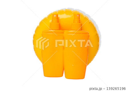 Yellow bottles on a round float in summer Yellow bottles on a round float in summer 139265196