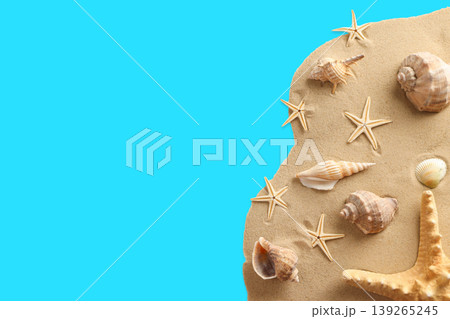 Collection of seashells and starfish on sandy surface Collection of seashells and starfish on sandy surface 139265245