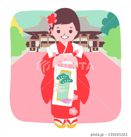 【ライフステージ】七五三のお祝いで着物を着て神社の前で写真を撮る女の子 【ライフステージ】七五三のお祝いで着物を着て神社の前で写真を撮る女の子 139265261