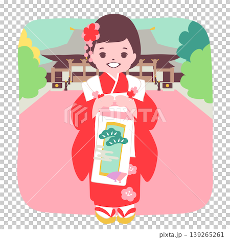 【ライフステージ】七五三のお祝いで着物を着て神社の前で写真を撮る女の子 【ライフステージ】七五三のお祝いで着物を着て神社の前で写真を撮る女の子 139265261