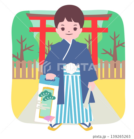 【ライフステージ】七五三のお祝いで着物を着て鳥居の前で写真を撮る男の子 139265263