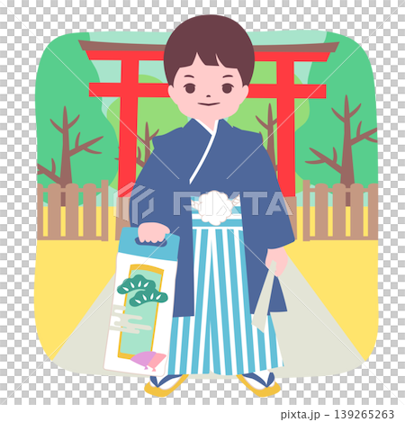 【ライフステージ】七五三のお祝いで着物を着て鳥居の前で写真を撮る男の子 139265263