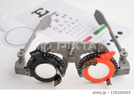 Ophthalmic trial frames to visual acuity eye test. 139266003