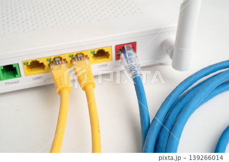 Ethernet cable with wireless router connect to internet service provider network. Ethernet cable with wireless router connect to internet service provider network. 139266014