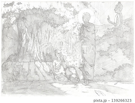 enlightenment young novice monk with devoted parents pencil sketch 139266323