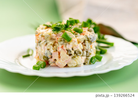 delicious creamy potato salad with peas carrots and green onion 139266524