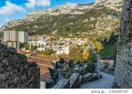 View of Kruje old town in Albania. Streets and bazaar cityscape on the mountains. View of Kruje old town in Albania. Streets and bazaar cityscape on the mountains. 139266597