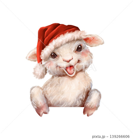 Illustration of a cute baby sheep or goat kid in Santa hat. Festive mascot for Year of the Sheep and Goat, Christmas cards 139266606