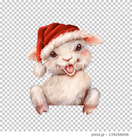 Illustration of a cute baby sheep or goat kid in Santa hat. Festive mascot for Year of the Sheep and Goat, Christmas cards 139266606
