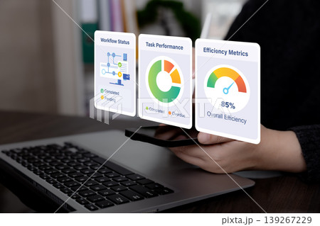 Workflow Performance Dashboard and Efficiency Metrics Concept Workflow Performance Dashboard and Efficiency Metrics Concept 139267229