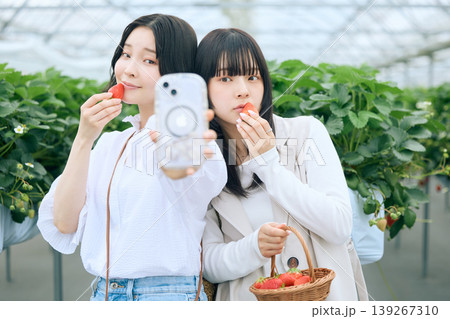 いちご狩りのビニールハウスでスマホ自撮りを楽しむ若い女性2人・いちごを持って笑顔のフレンドシップ 139267310