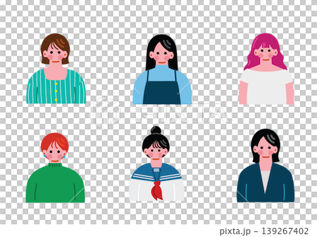 一組描繪不同女性上半身的插圖。 139267402