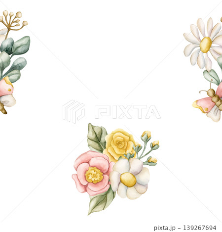 Cute Colourful Meadow Flower Seamless Pattern. Watercolor summer spring bloom floral illustration hand painted isolated on white background for nursery design fresh print fabric textile wrapping paper Cute Colourful Meadow Flower Seamless Pattern. Watercolor summer spring bloom floral illustration hand painted isolated on white background for nursery design fresh print fabric textile wrapping paper 139267694
