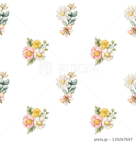 Cute Colourful Meadow Flower Seamless Pattern. Watercolor summer spring bloom floral illustration hand painted isolated on white background for nursery design fresh print fabric textile wrapping paper Cute Colourful Meadow Flower Seamless Pattern. Watercolor summer spring bloom floral illustration hand painted isolated on white background for nursery design fresh print fabric textile wrapping paper 139267697