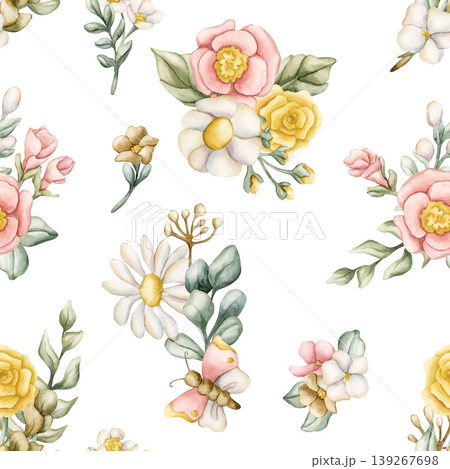 Cute Colourful Meadow Flower Seamless Pattern. Watercolor summer spring bloom floral illustration hand painted isolated on white background for nursery design fresh print fabric textile wrapping paper Cute Colourful Meadow Flower Seamless Pattern. Watercolor summer spring bloom floral illustration hand painted isolated on white background for nursery design fresh print fabric textile wrapping paper 139267698