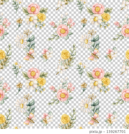 Cute Colourful Meadow Flower Seamless Pattern. Watercolor summer spring bloom floral illustration hand painted isolated on white background for nursery design fresh print fabric textile wrapping paper Cute Colourful Meadow Flower Seamless Pattern. Watercolor summer spring bloom floral illustration hand painted isolated on white background for nursery design fresh print fabric textile wrapping paper 139267701