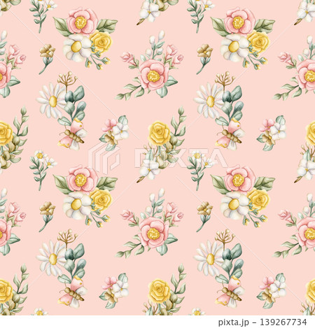 Cute Colourful Meadow Flower Seamless Pattern. Watercolor summer spring bloom floral illustration hand painted isolated on pink background for nursery design fresh print fabric textile wrapping paper Cute Colourful Meadow Flower Seamless Pattern. Watercolor summer spring bloom floral illustration hand painted isolated on pink background for nursery design fresh print fabric textile wrapping paper 139267734