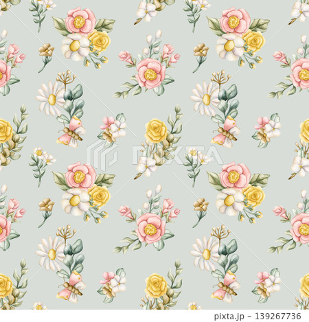 Cute Colourful Meadow Flower Seamless Pattern. Watercolor summer spring bloom floral illustration hand painted isolated on blue background for nursery design fresh print fabric textile wrapping paper Cute Colourful Meadow Flower Seamless Pattern. Watercolor summer spring bloom floral illustration hand painted isolated on blue background for nursery design fresh print fabric textile wrapping paper 139267736