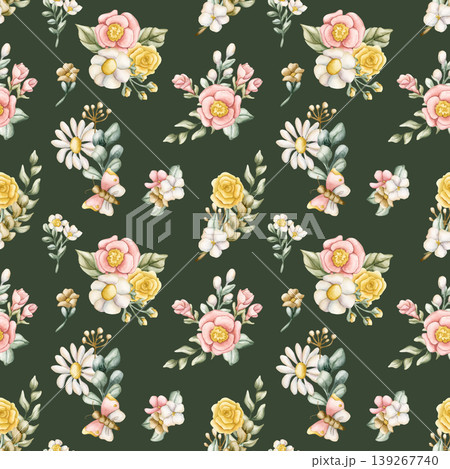 Cute Colourful Meadow Flower Seamless Pattern. Watercolor summer spring bloom floral illustration hand painted isolated on dark green background for nursery design fresh fabric textile wrapping paper 139267740