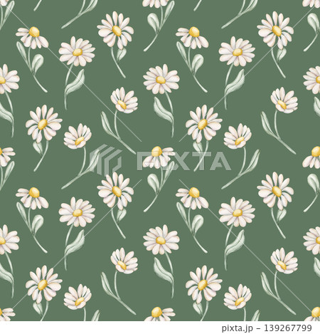 Cute Daisy Chamomile Flowers Seamless Pattern. Wildflowers Watercolor summer spring floral illustration hand painted isolated on green background for nursery baby kids design fresh fabrics textile 139267799