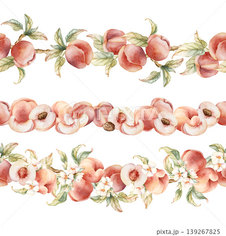 Pink Peaches with Flower Seamless Border Set Summer Juicy Ripe Fruits. Watercolor hand drawn floral food illustration isolated on white background for home kitchen textile fresh print cosmetic package 139267825