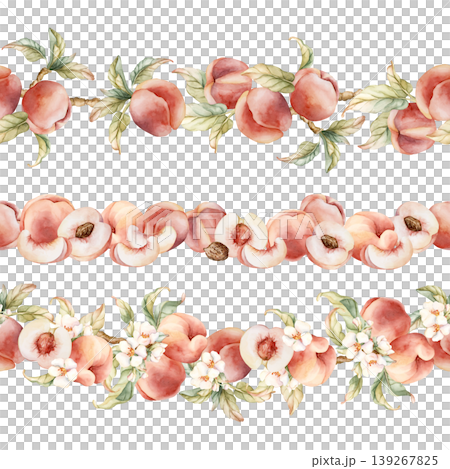 Pink Peaches with Flower Seamless Border Set Summer Juicy Ripe Fruits. Watercolor hand drawn floral food illustration isolated on white background for home kitchen textile fresh print cosmetic package 139267825