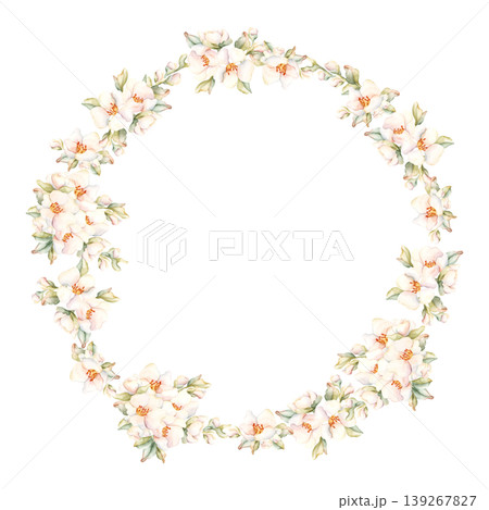 Little White Flower bud leaves Wreath Peach Apple Blossom Blooming. Watercolor hand drawn floral illustration isolated on white background home textile fresh fabric cosmetic package porcelain crockery Little White Flower bud leaves Wreath Peach Apple Blossom Blooming. Watercolor hand drawn floral illustration isolated on white background home textile fresh fabric cosmetic package porcelain crockery 139267827