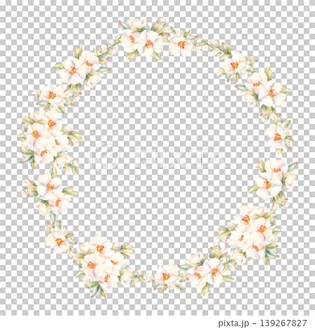 Little White Flower bud leaves Wreath Peach Apple Blossom Blooming. Watercolor hand drawn floral illustration isolated on white background home textile fresh fabric cosmetic package porcelain crockery Little White Flower bud leaves Wreath Peach Apple Blossom Blooming. Watercolor hand drawn floral illustration isolated on white background home textile fresh fabric cosmetic package porcelain crockery 139267827