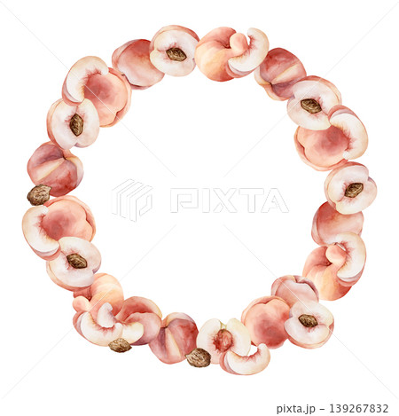 Pink Peaches with Seeds Wreath Summer Juicy Ripe Fruits. Watercolor hand drawn floral food illustration isolated on white background for home kitchen textile fresh print card cosmetic package crockery 139267832