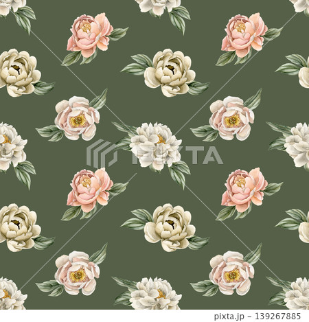 Peonies Flowers Seamless Pattern. Watercolor hand drawn floral illustratoin isolated on sage green background for summer design home textile wrapping paper gift box fresh fabric print cosmetic package Peonies Flowers Seamless Pattern. Watercolor hand drawn floral illustratoin isolated on sage green background for summer design home textile wrapping paper gift box fresh fabric print cosmetic package 139267885